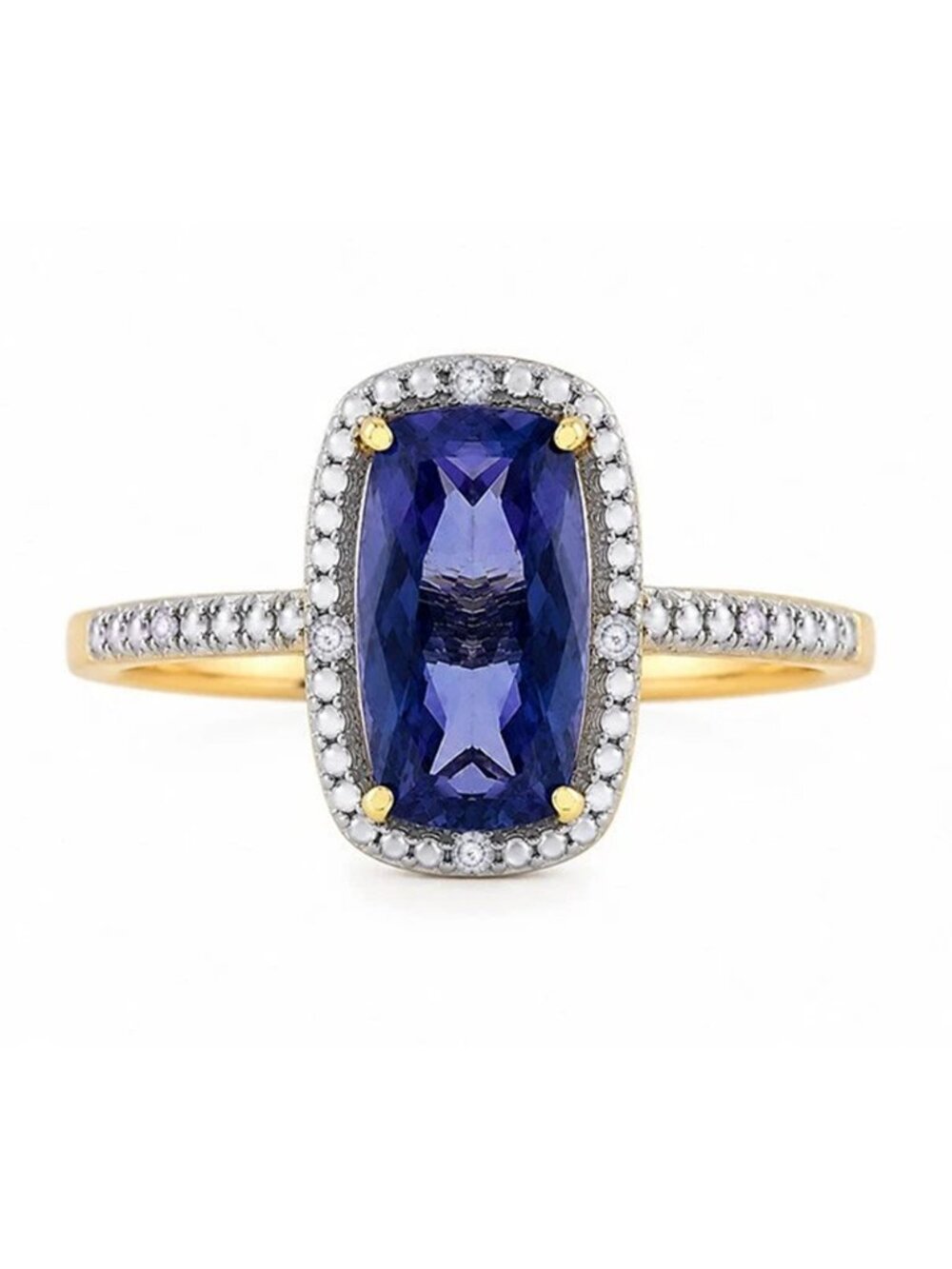Genuine 3.18 Cts Iolite & Diamonds Ring 10k Yellow Gold